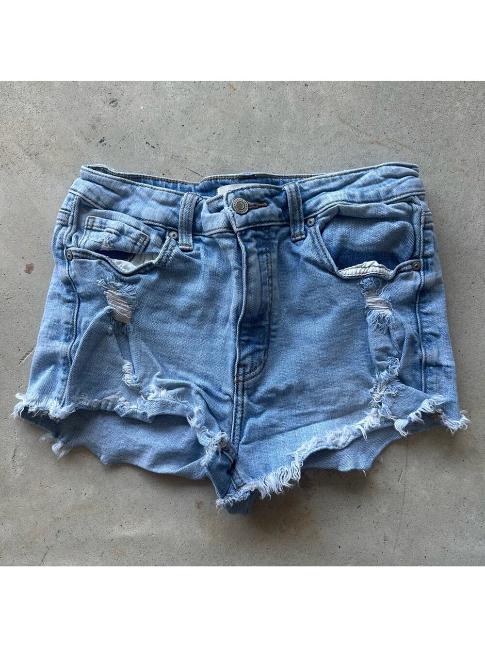 Eunina Blue High Rise Distressed Jean Shorts with Raw Hem